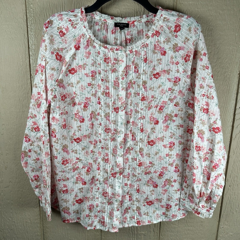 Talbots Button Up Front Blouse MP Pink White Floral Cotton Dobby Stripe Pintuck